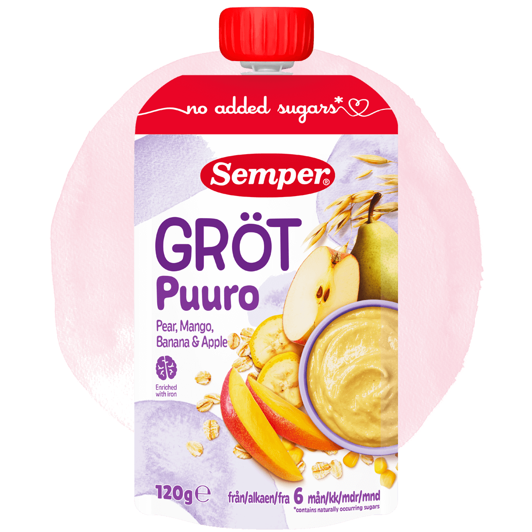 Grødklemmepose med pære, mango, banan & æble